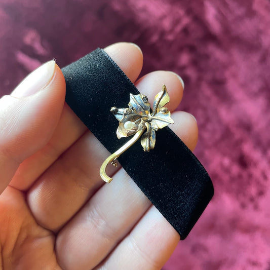Antique Orchid Pin on Velvet Choker