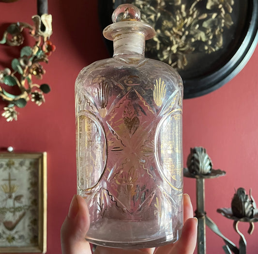 Antique French Handblown Glass Cologne Bottle with Gilded Hearts