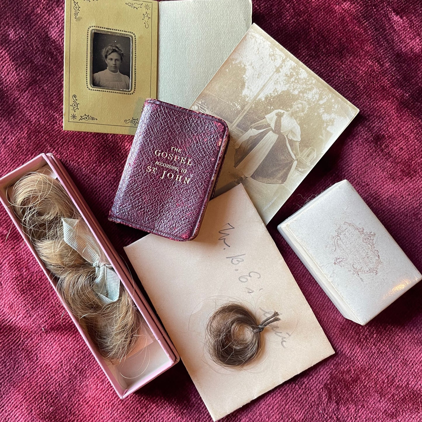 Antique Keepsake Box with Locks of Hair, Photos & Miniature Book