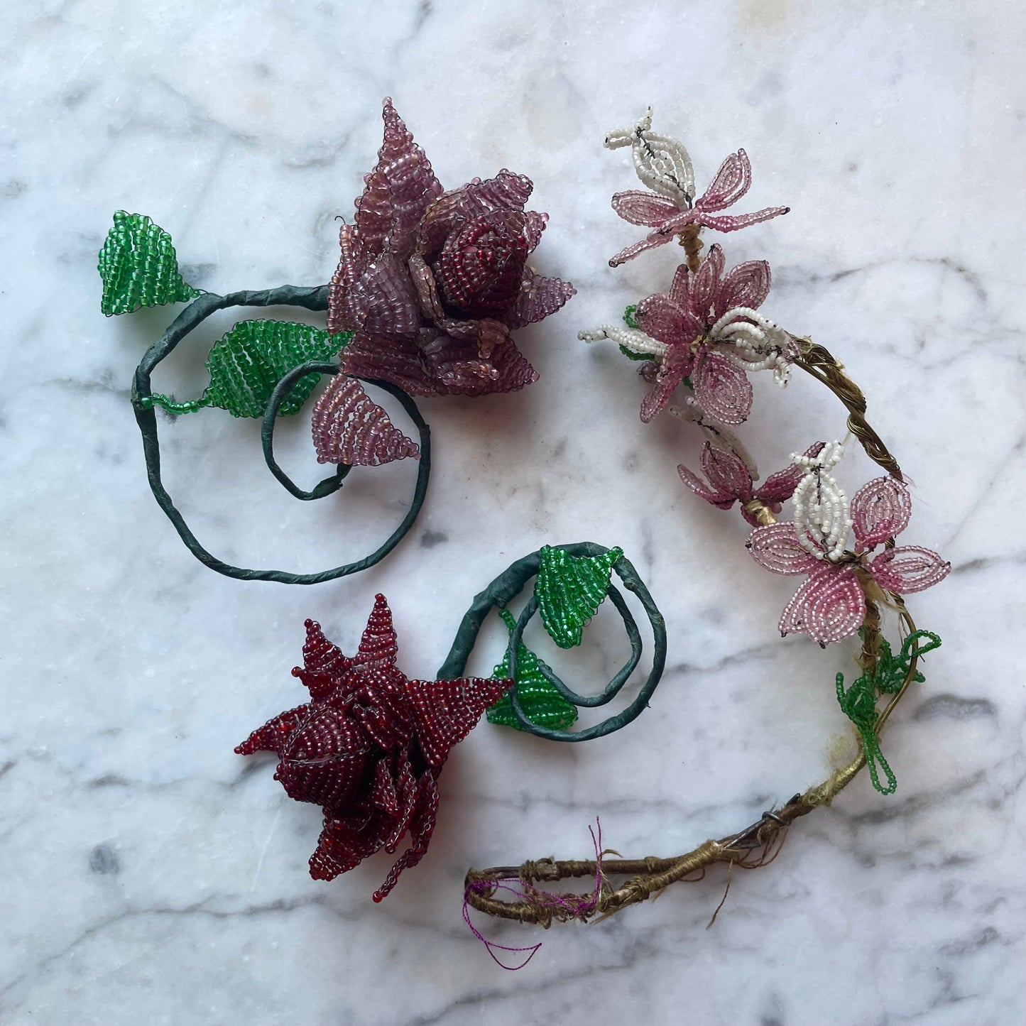 Antique French Beadwork Flowers