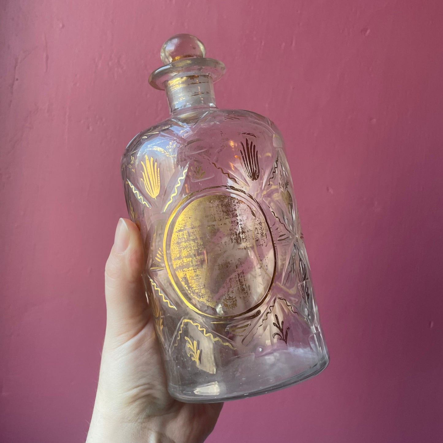 Antique French Handblown Glass Cologne Bottle with Gilded Hearts