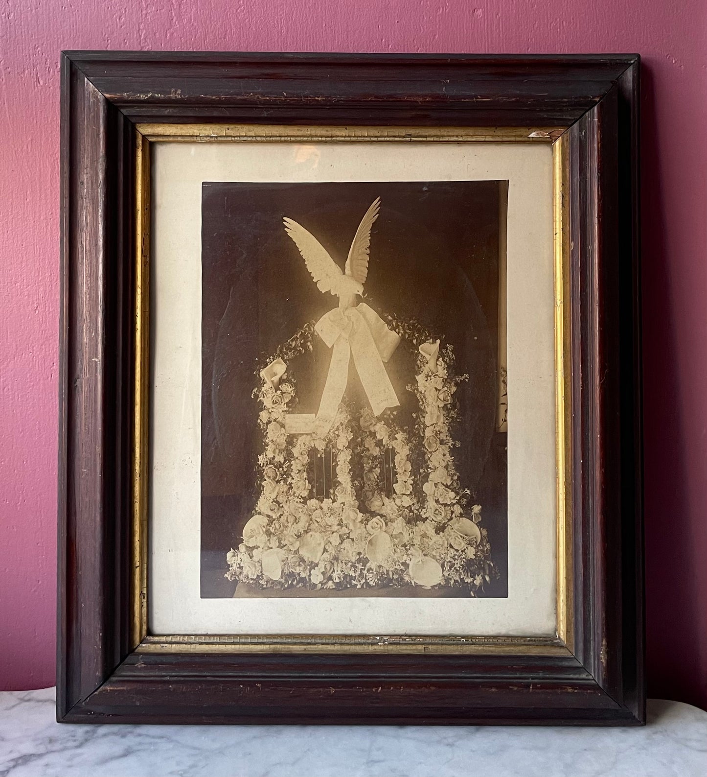 Victorian Memorial Photo | Large Format Funeral Flowers with Dove in Wooden Frame | The Gates Ajar