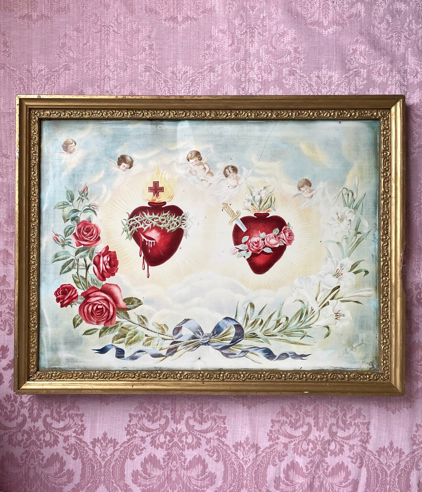 Antique Sacred Heart of Jesus and Mary Lithograph