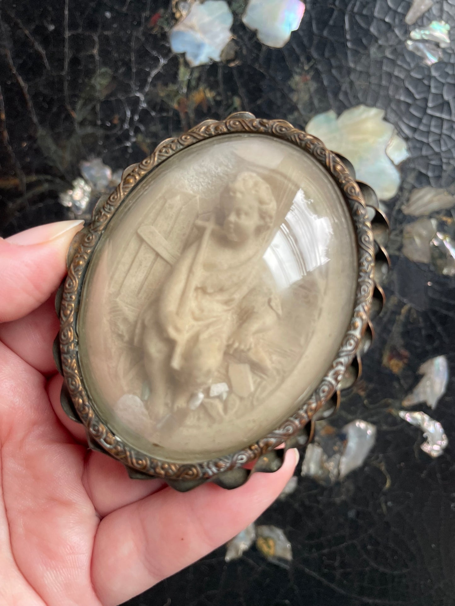 Antique Infant Christ Meerschaum Carving under Glass