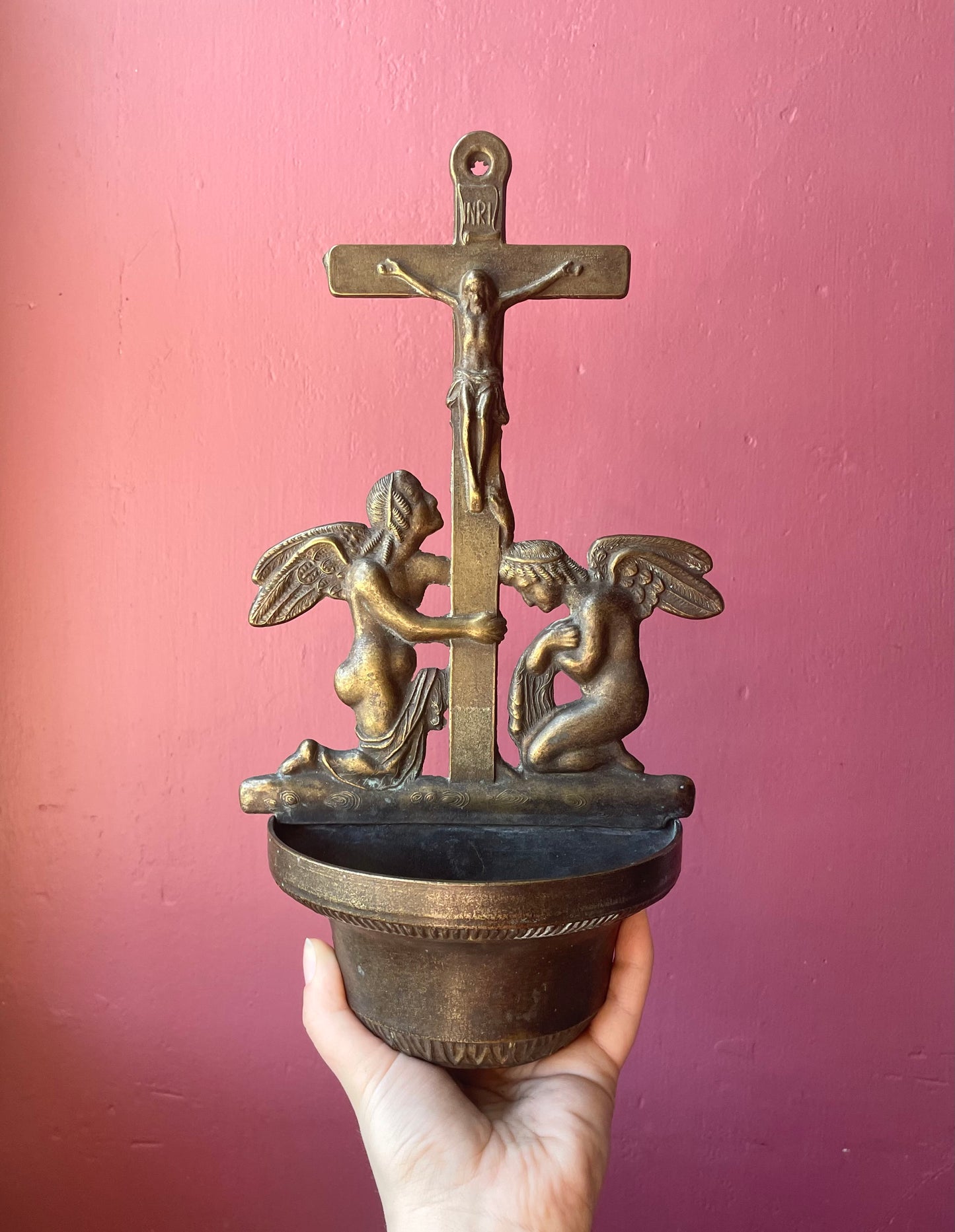 Antique Brass Holy Water Font with Angels