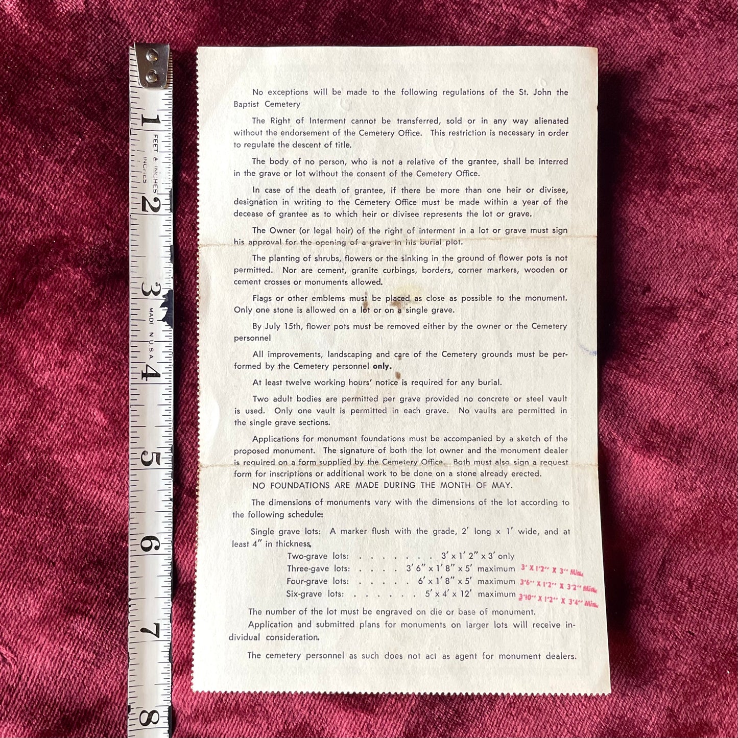 Saint John the Baptist Catholic Cemetery Deed