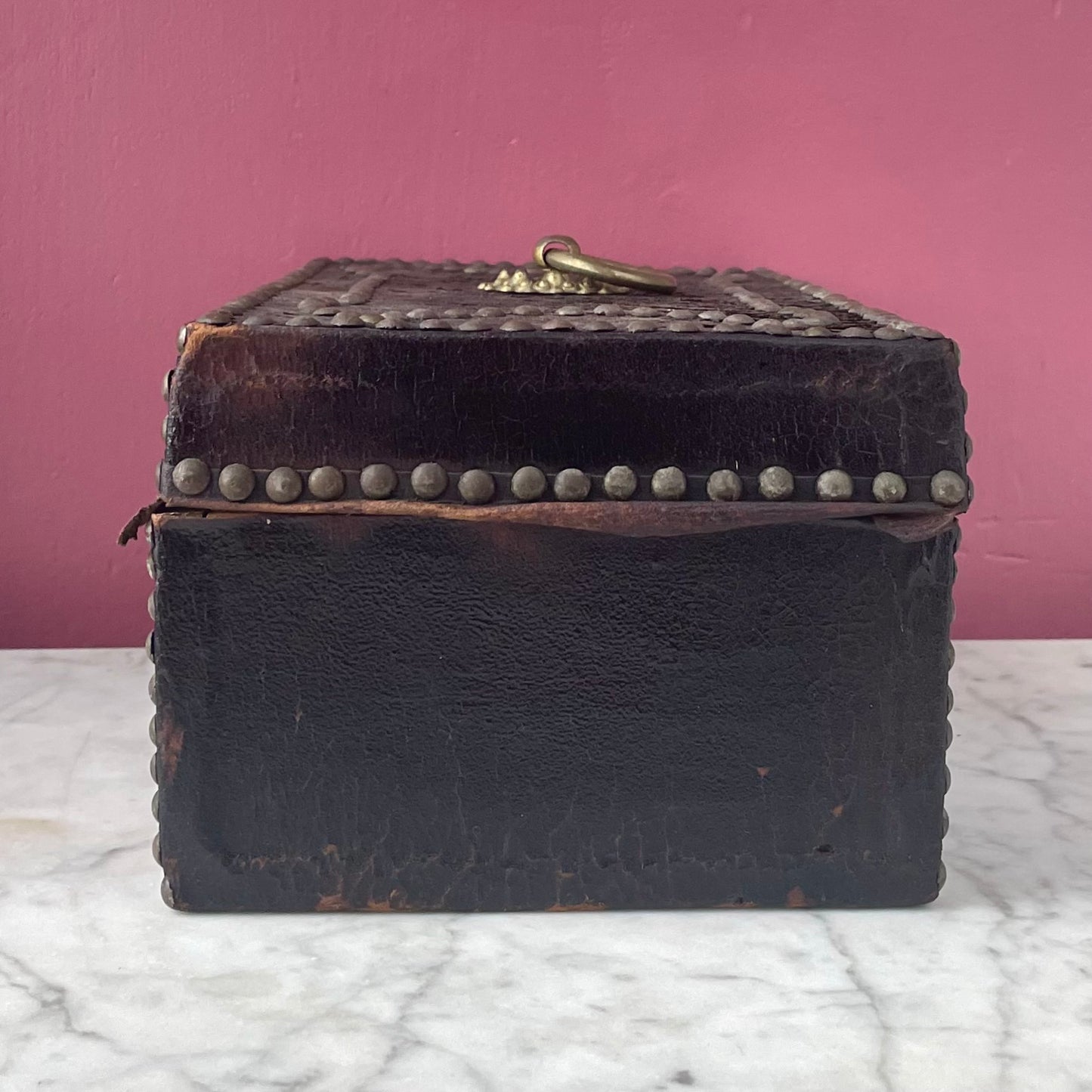 Antique Leather Tack Trunk with Marbled Paper Interior