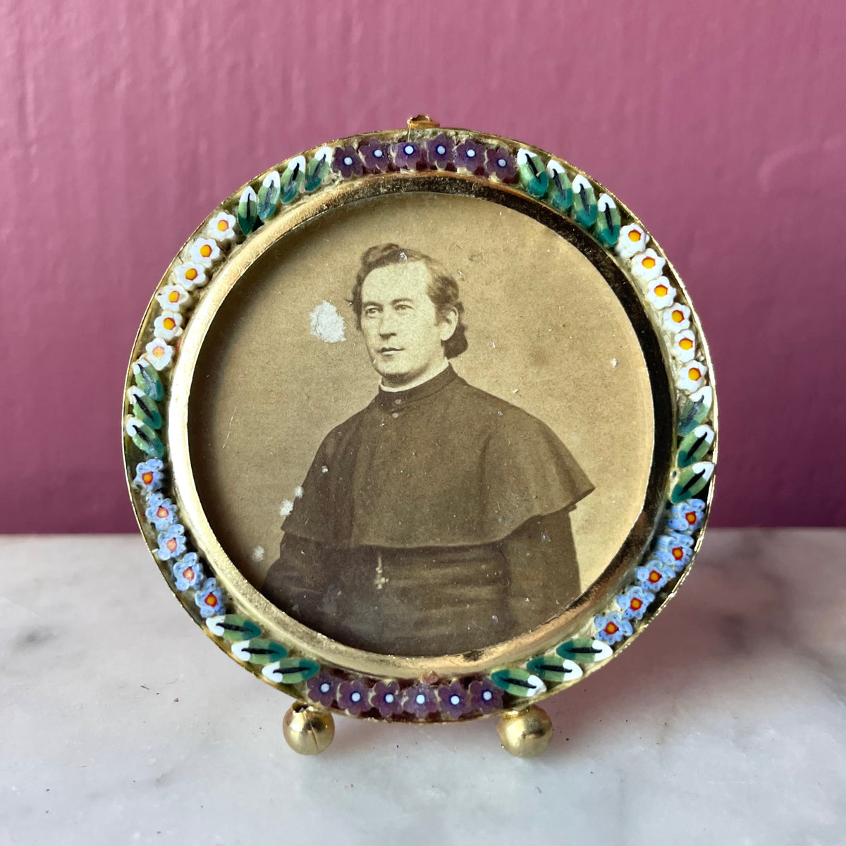 Antique Priest Photo in Miniature Micromosaic Frame