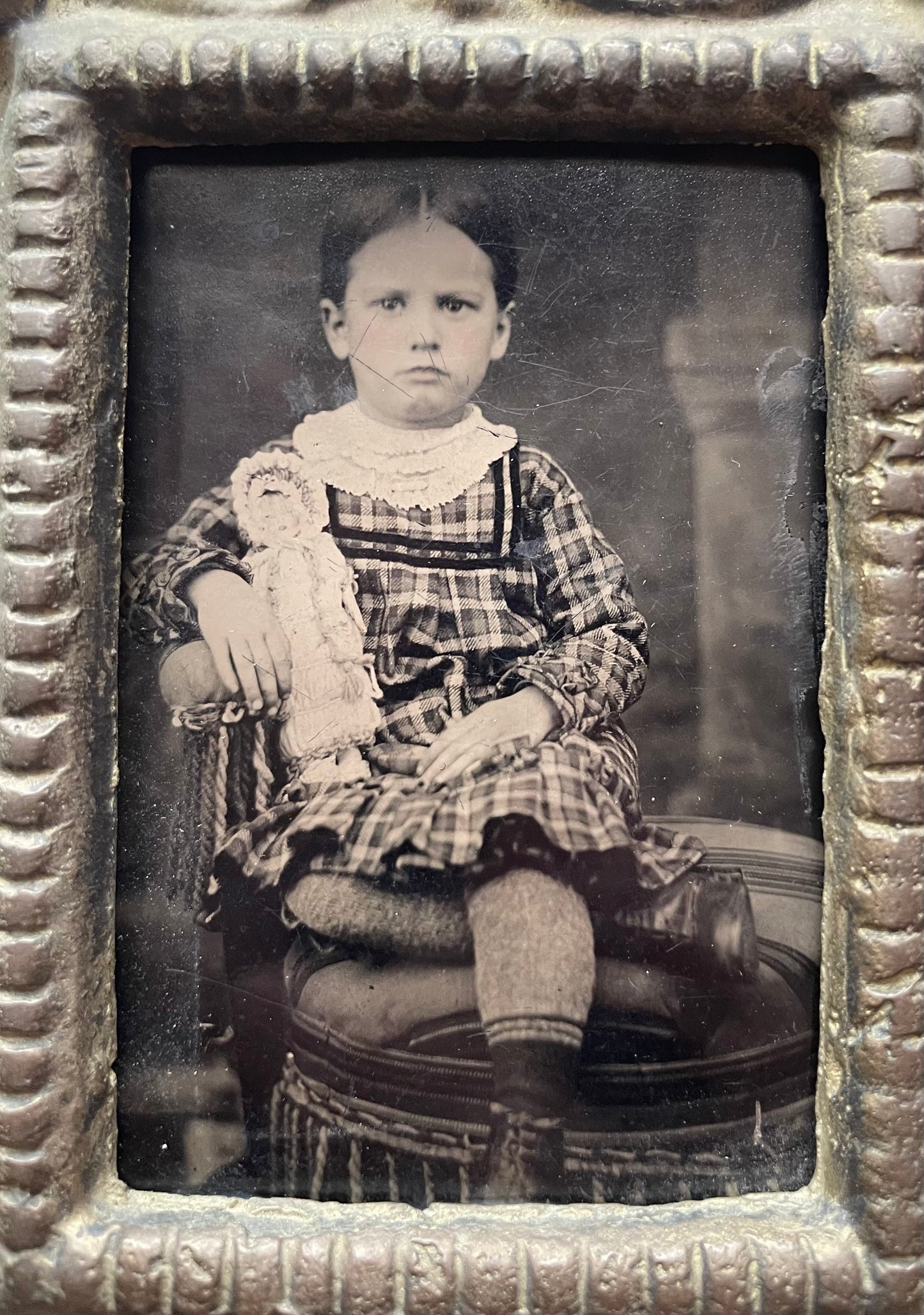 Victorian Tintype of Child with Doll in Cast Iron Miniature Frame