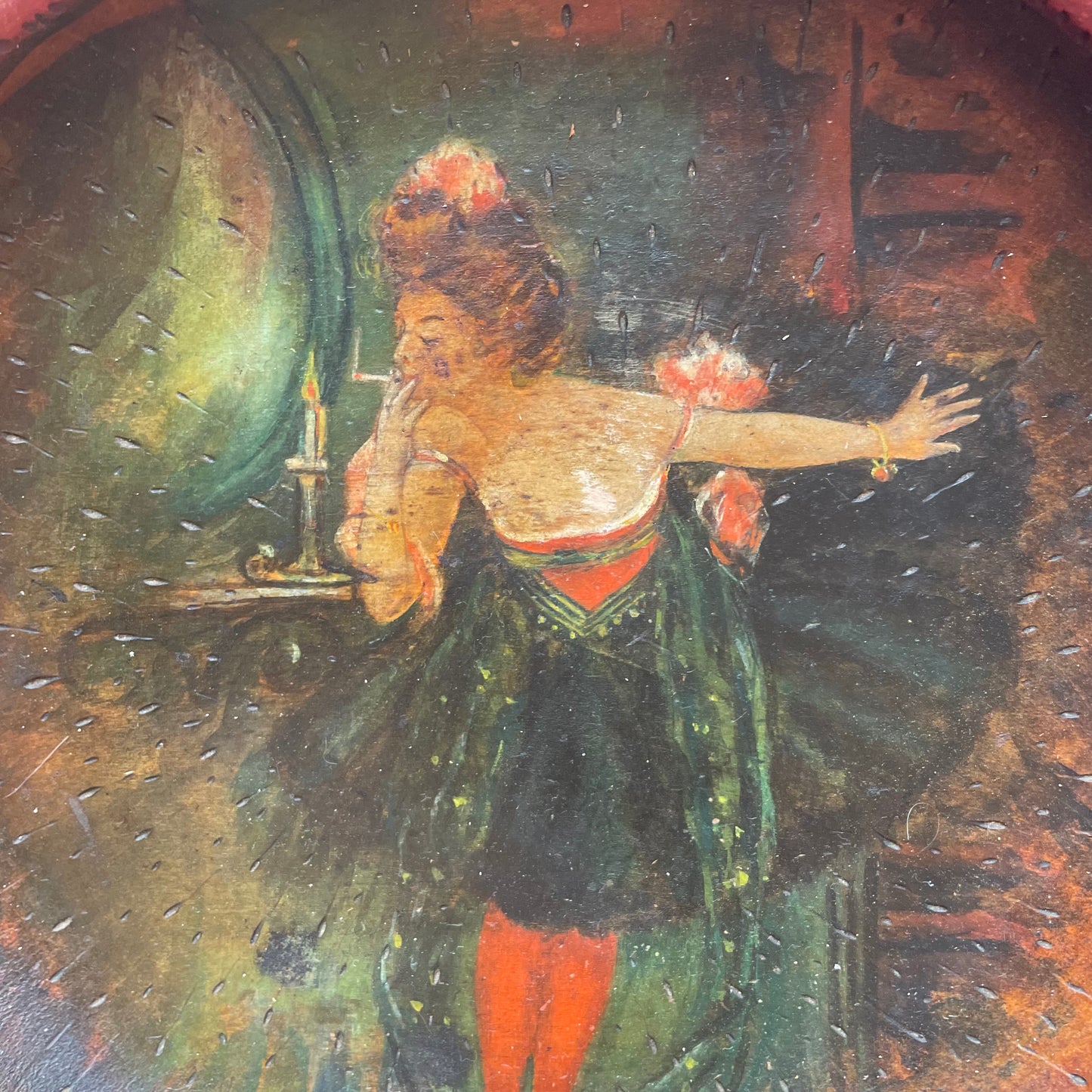 She’s Smokin’! | Antique Hand Painted Treen Plaque with Smoking Lady