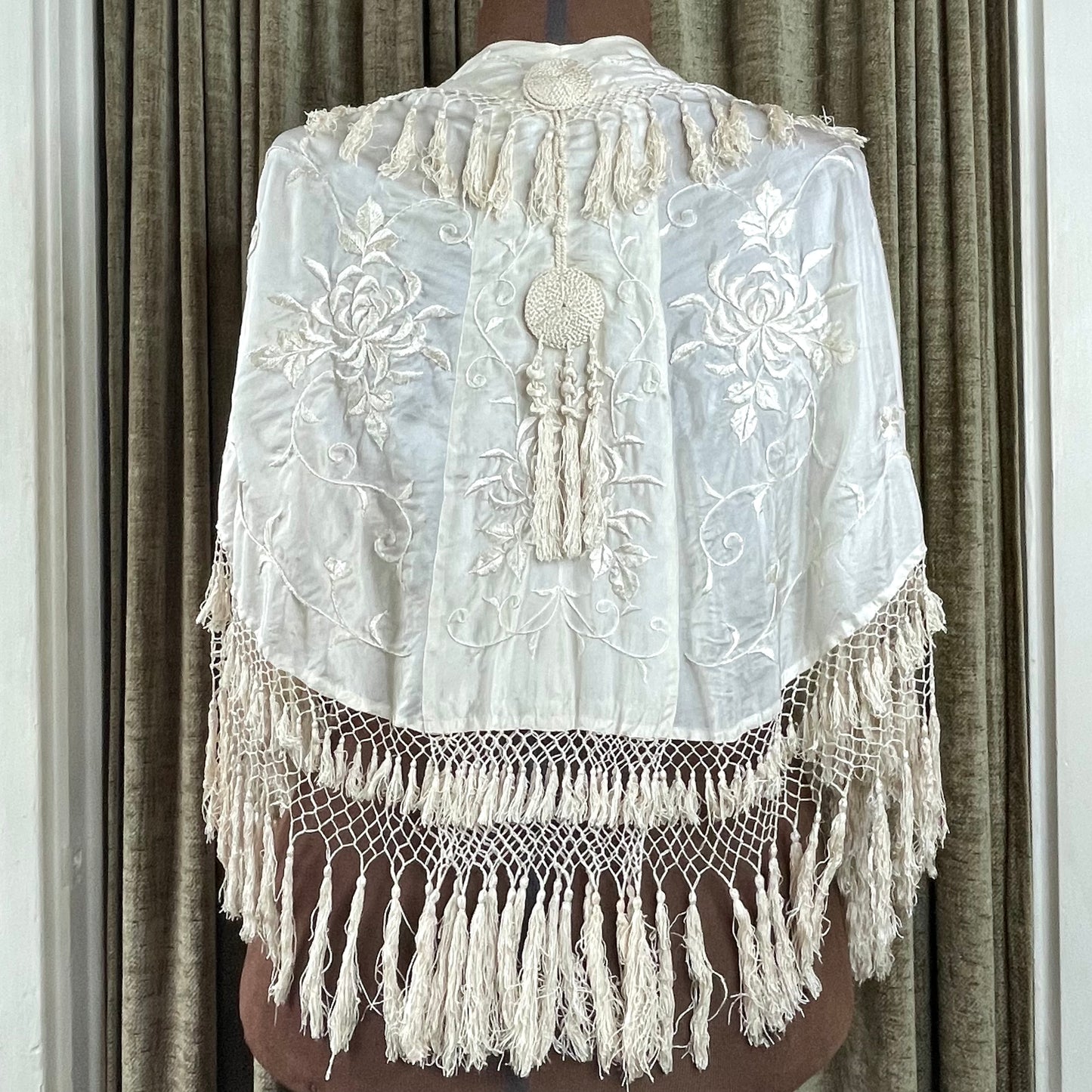 Antique Embroidered Silk Capelet with Tassels & Fringe