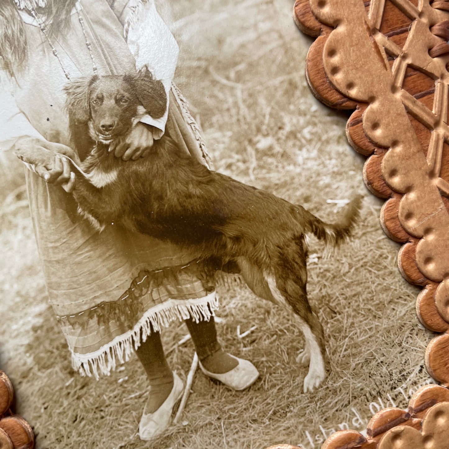 Antique RPPC of Native Girl with her Dog in Birch Bark Frame