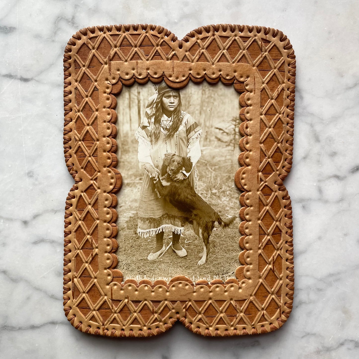 Antique RPPC of Native Girl with her Dog in Birch Bark Frame