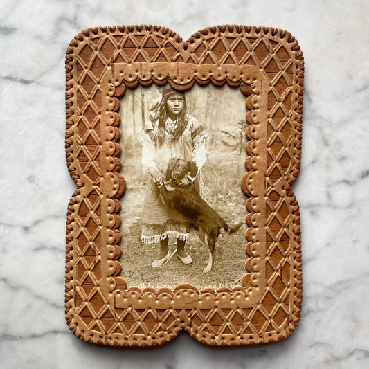 Antique RPPC of Native Girl with her Dog in Birch Bark Frame