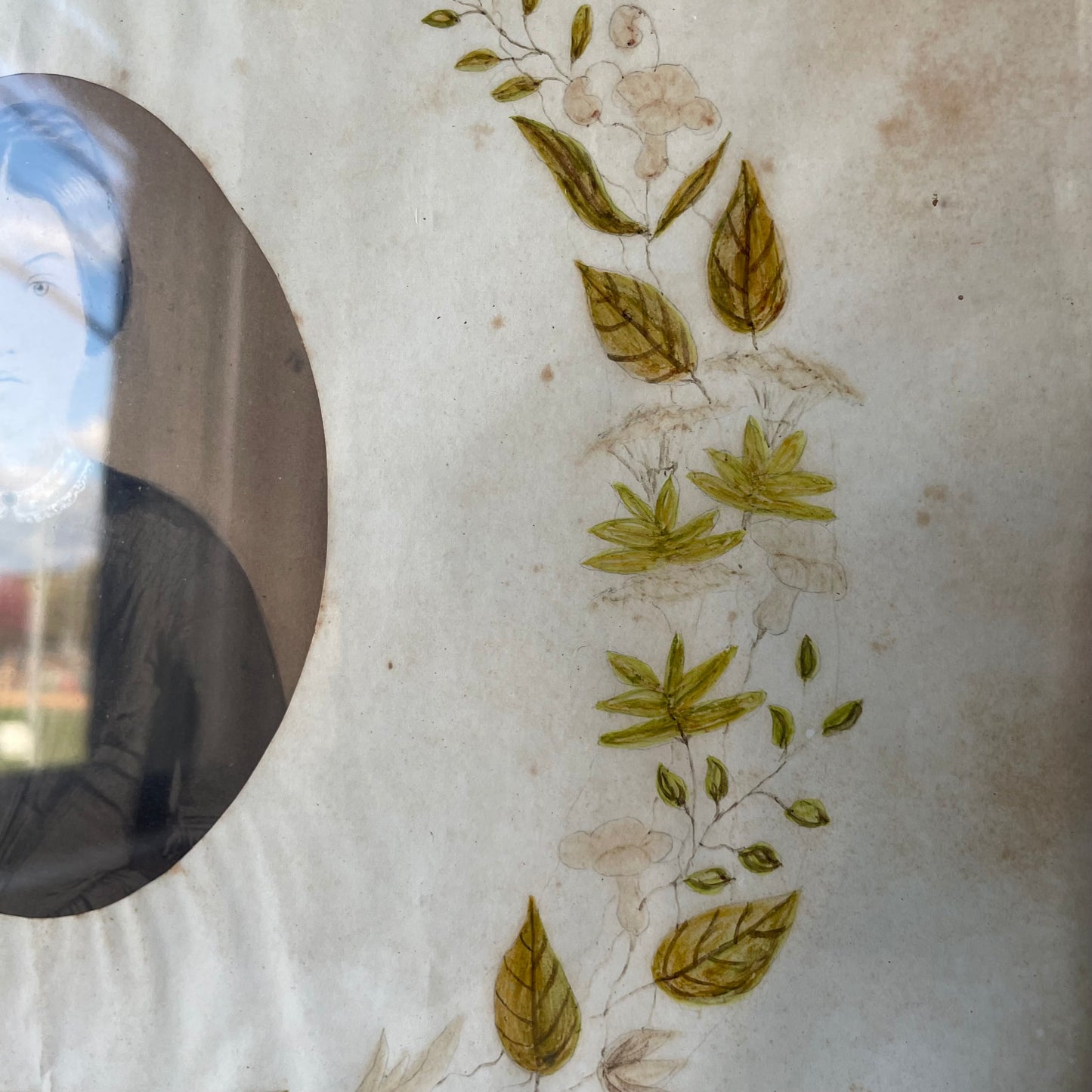 Victorian Solar Enlargement in Hand Painted Floral Wreath Mat & Wooden Frame