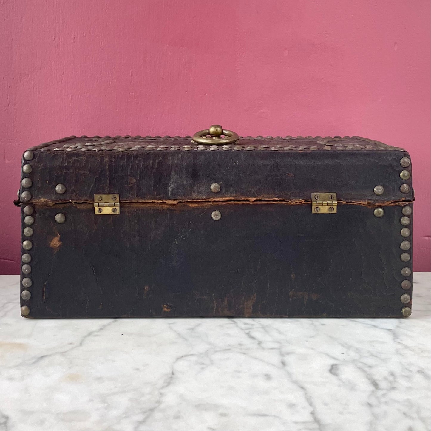 Antique Leather Tack Trunk with Marbled Paper Interior