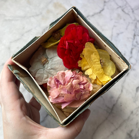 Antique Chinese Paper Flowers in Collar Box
