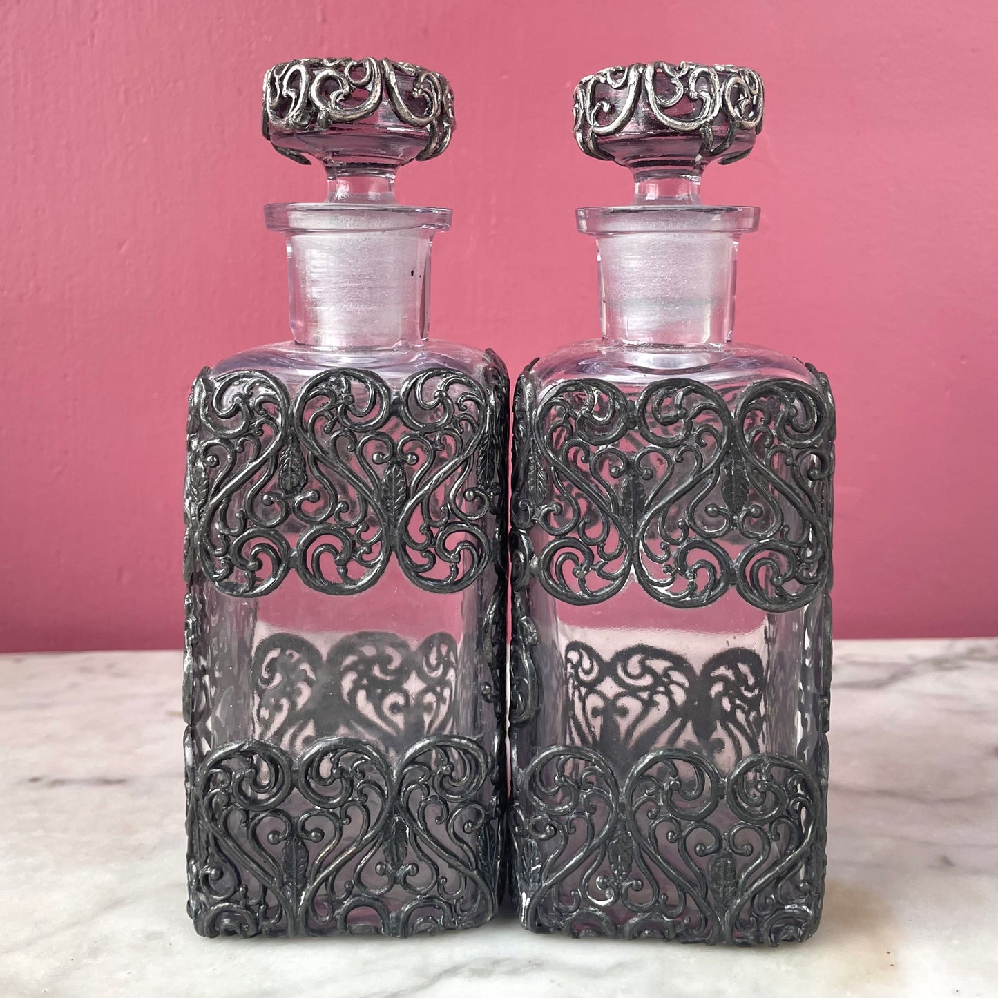 Antique Perfume Bottles with Metal Filigree