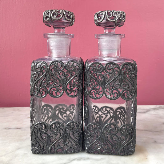 Antique Perfume Bottles with Metal Filigree