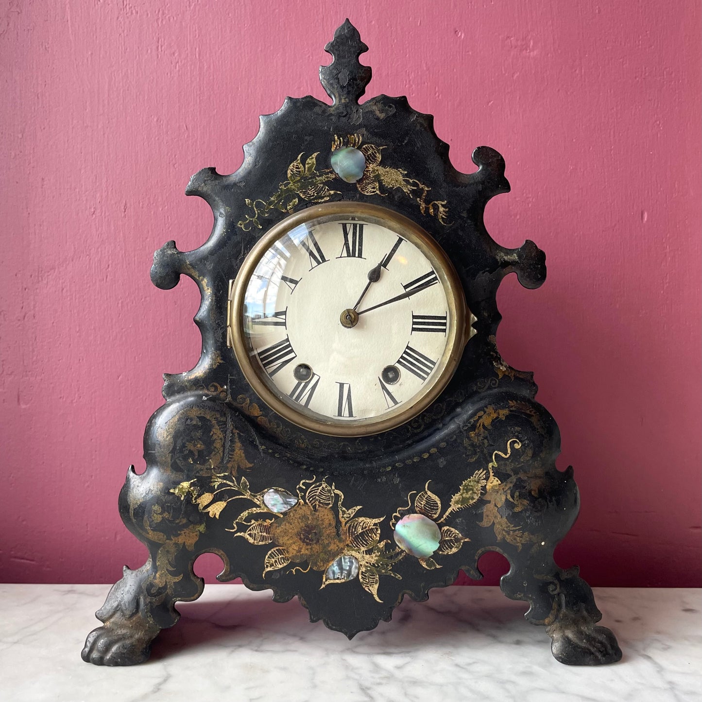 Victorian Cast Iron Mantle Clock with Mother of Pearl Inlay
