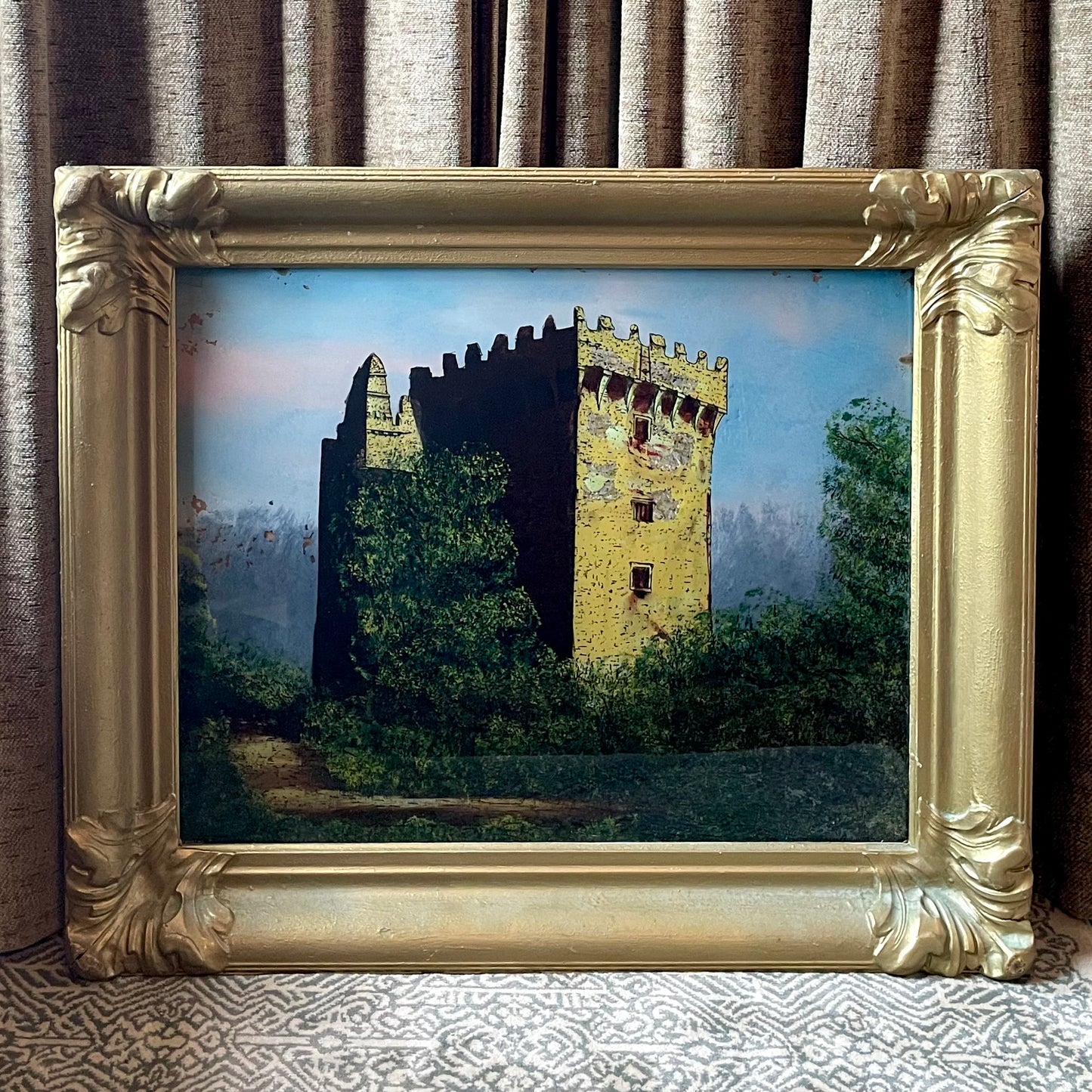 Antique Reverse Painted Glass Castle