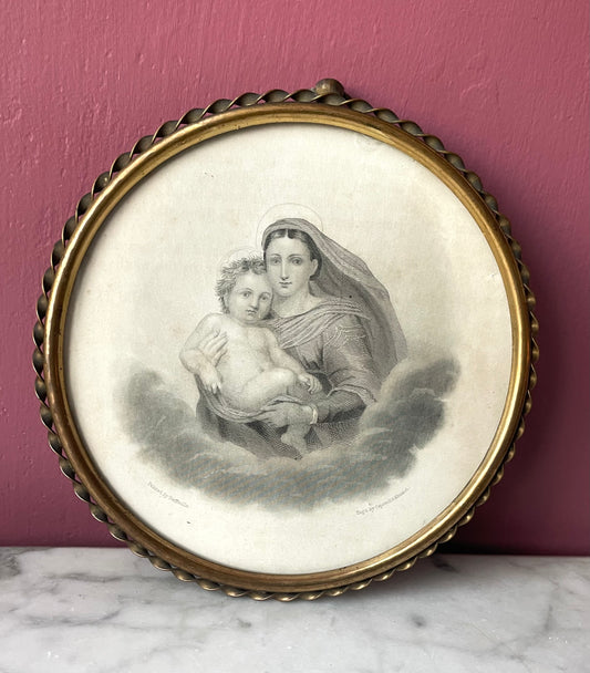 Victorian Sistine Madonna Engraving after Raphael in Brass Frame