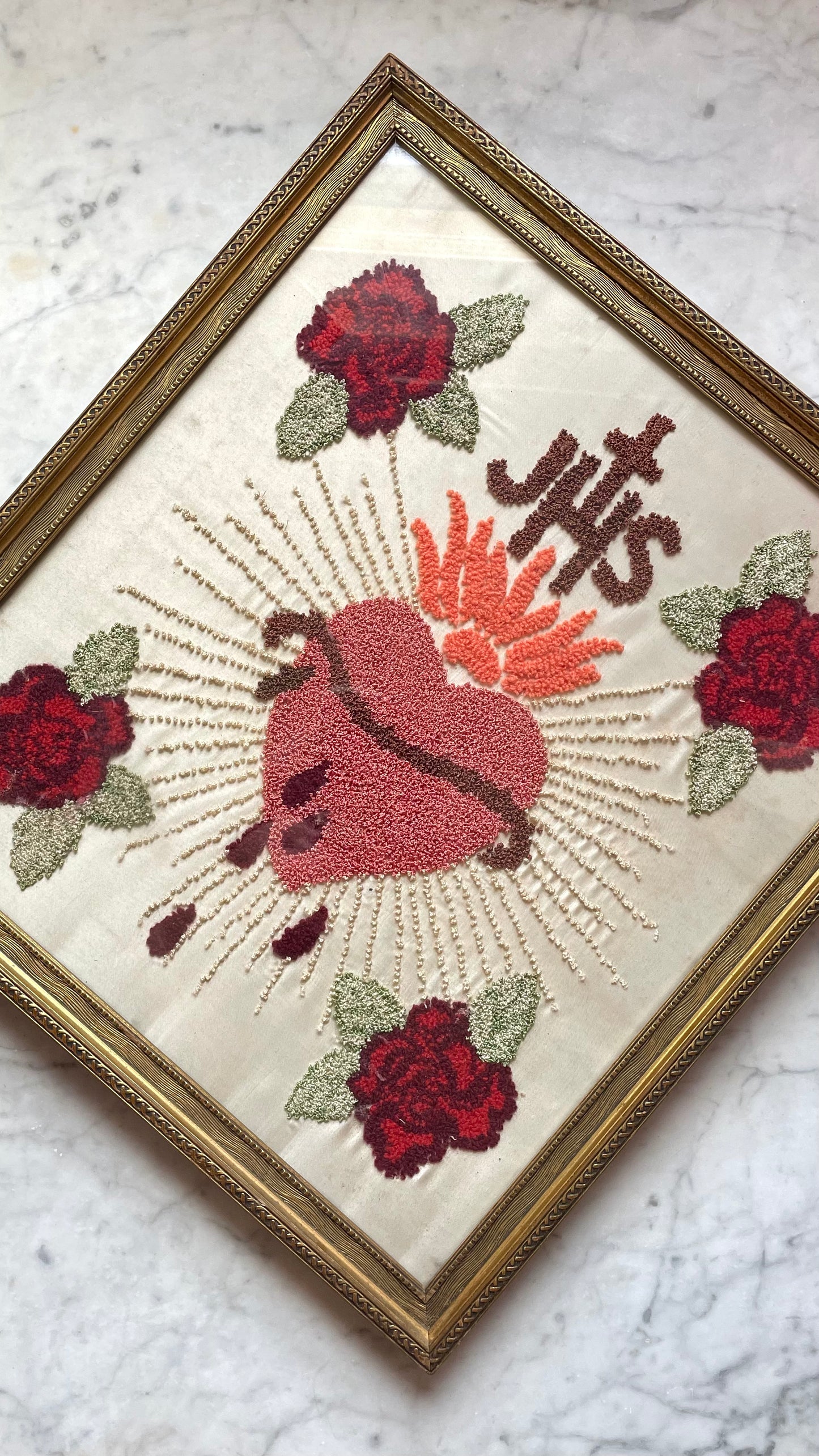 Antique Sacred Heart Crewel Embroidery