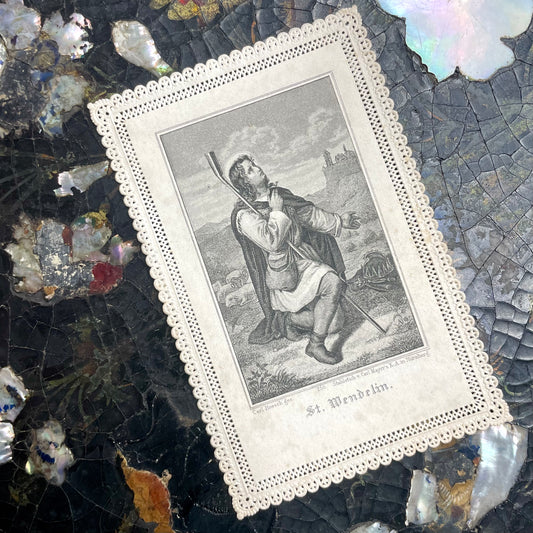 Antique Lace Paper Holy Card | Saint Wendelin