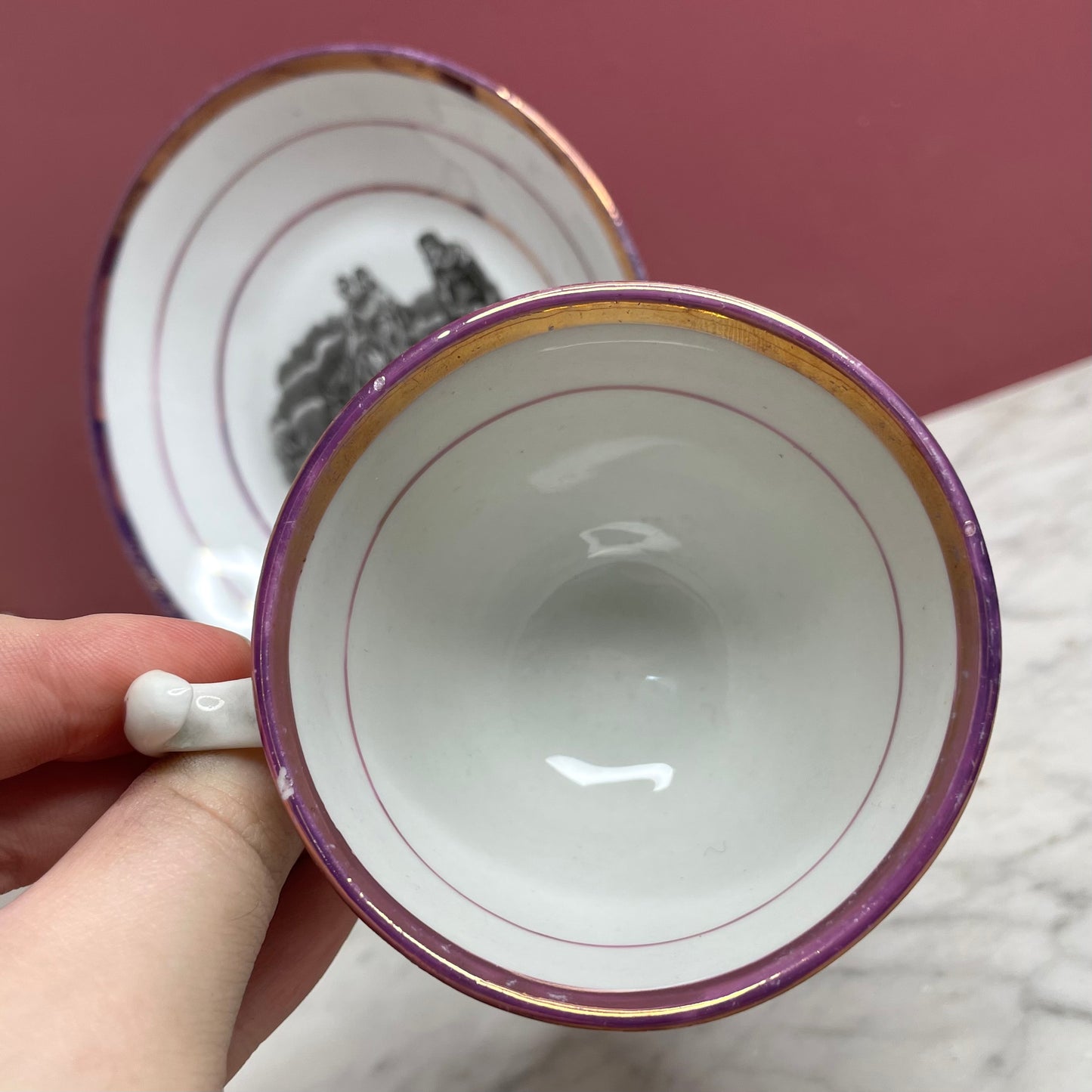 Early 19th c. Cup & Saucer with Unusual Classical Scene | Staffordshire with Pink Lustre