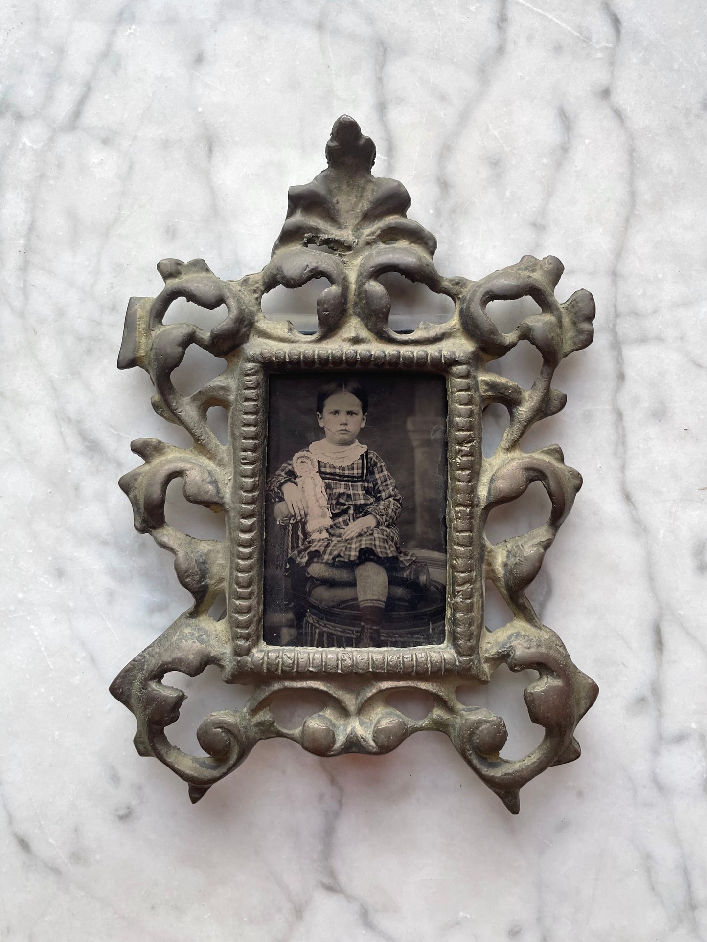 Victorian Tintype of Child with Doll in Cast Iron Miniature Frame