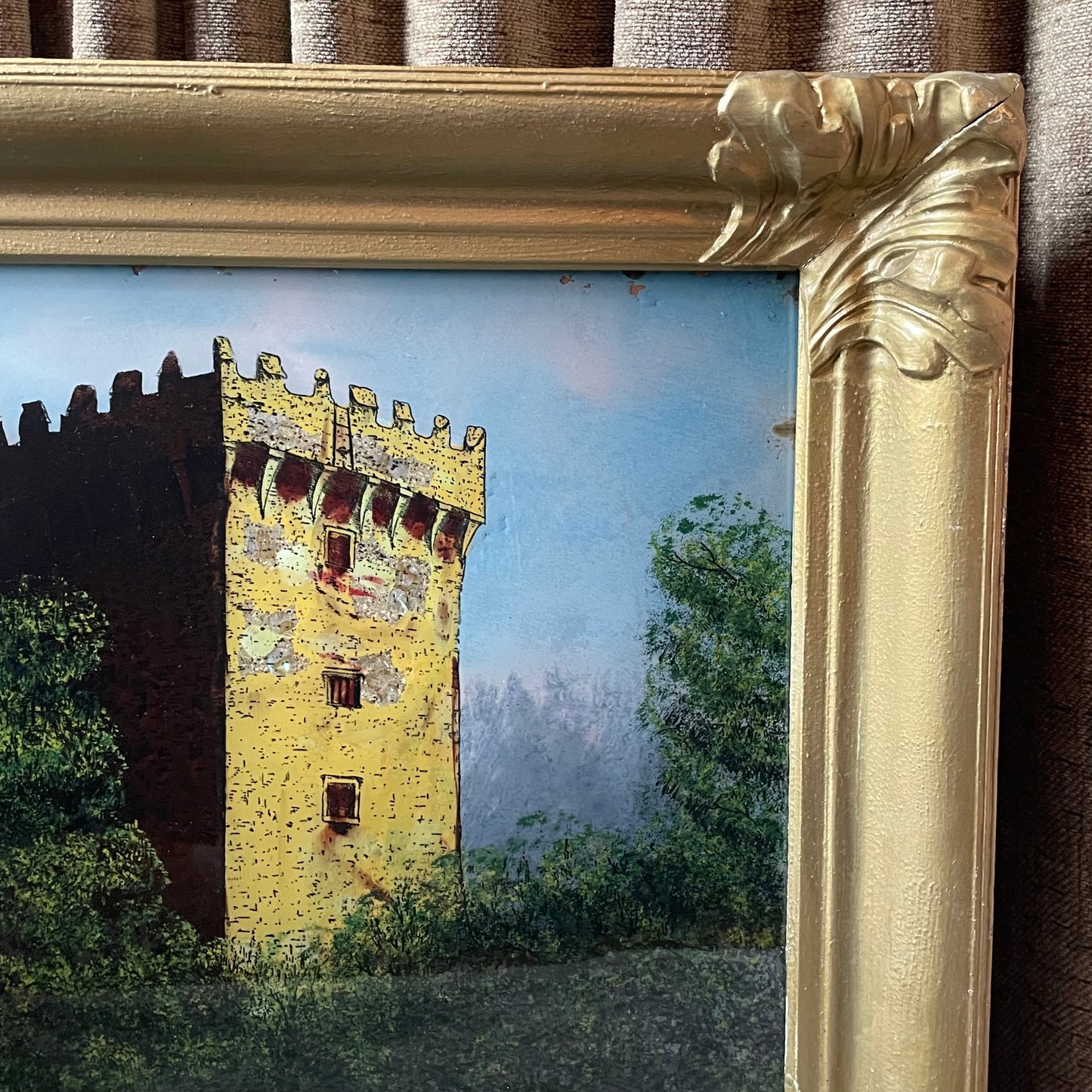 Antique Reverse Painted Glass Castle
