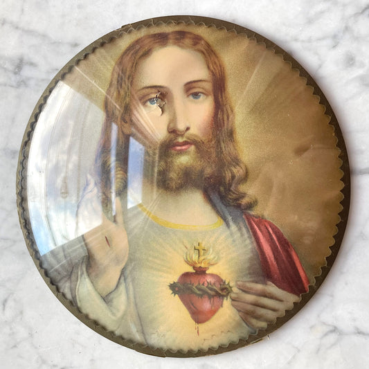 Vintage Sacred Heart of Jesus Print under Domed Glass