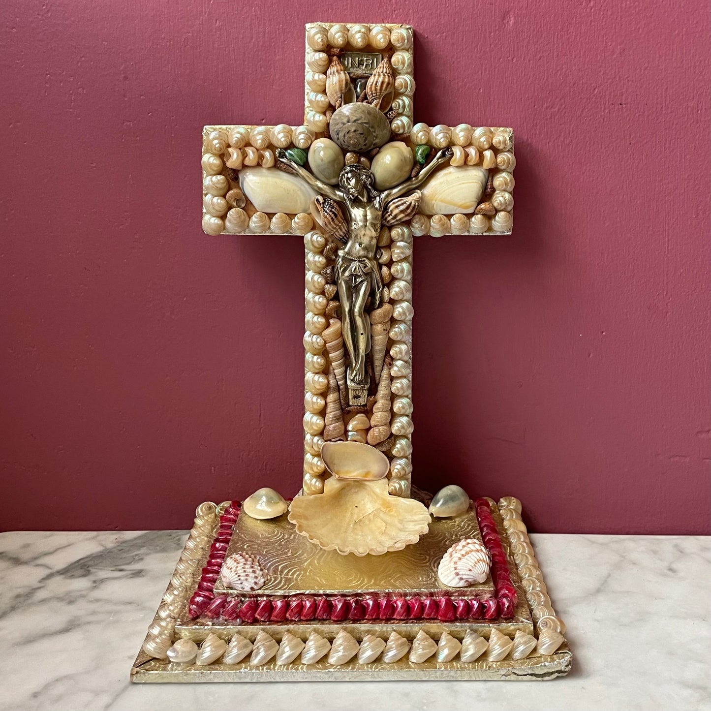 Antique Shellwork Crucifix Holy Water Font