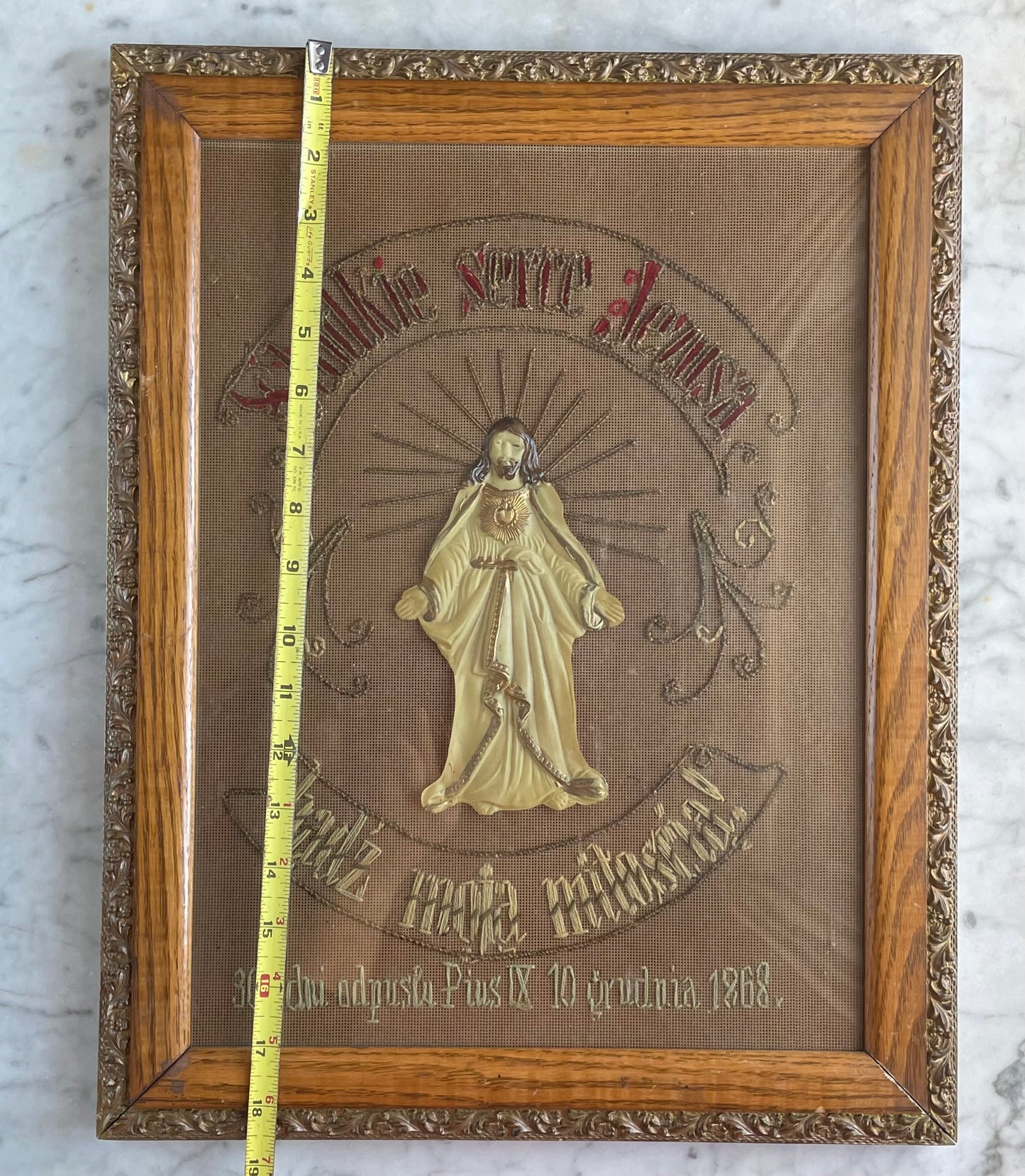 Antique Religious Punch Paper Embroidery with Celluloid Christ