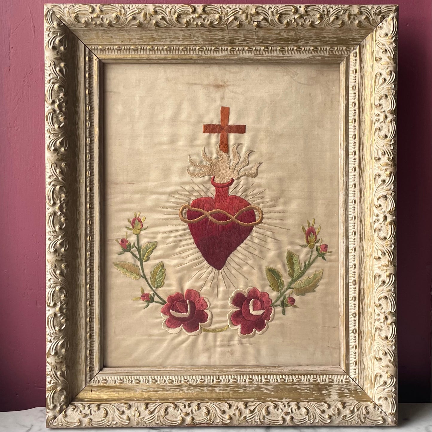 Antique Sacred Heart Embroidery on Silk