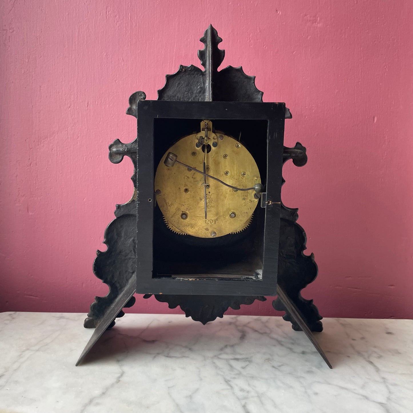 Victorian Cast Iron Mantle Clock with Mother of Pearl Inlay