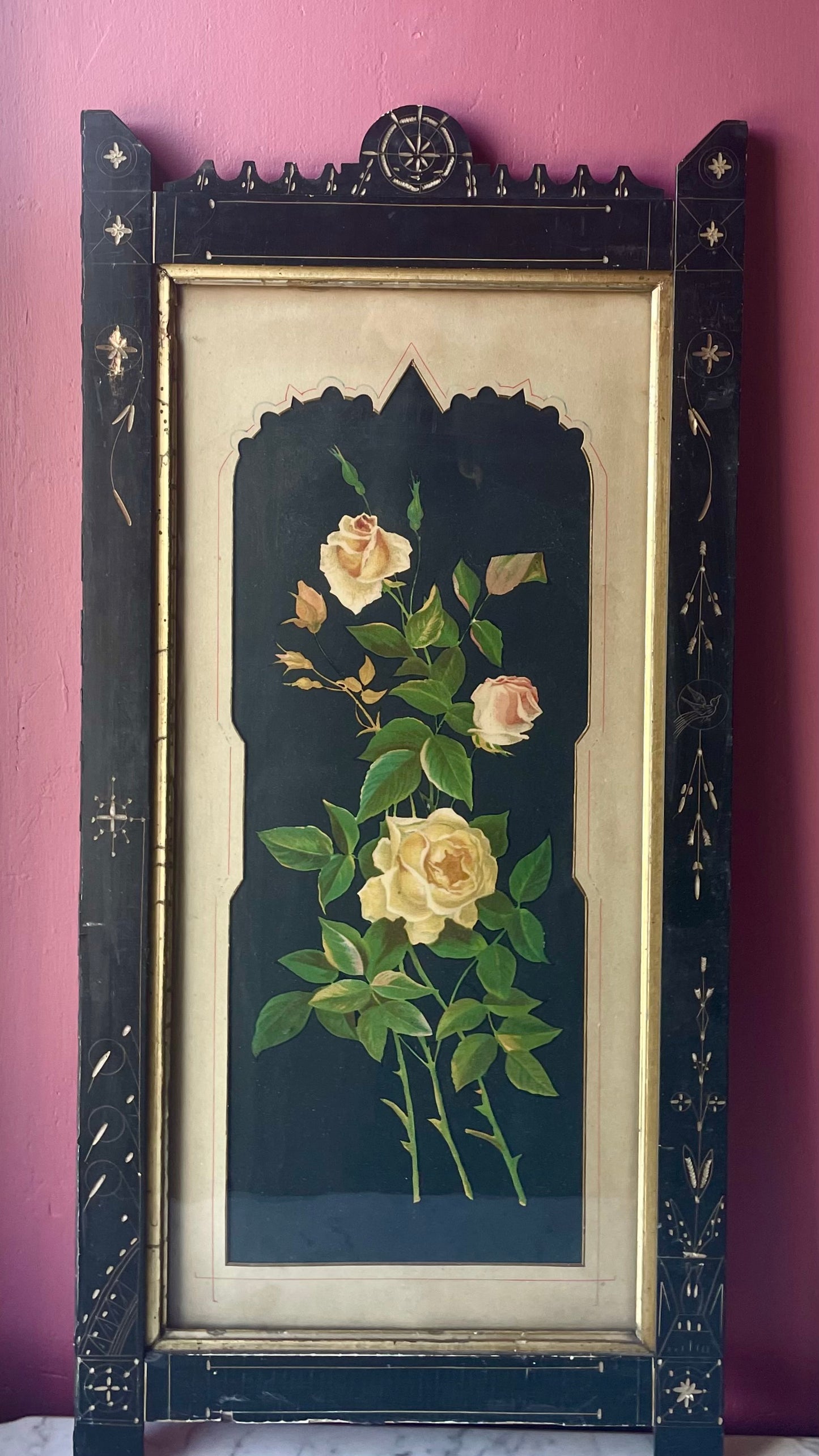 Victorian Floral Lithograph in Black Aesthetic Movement Frame