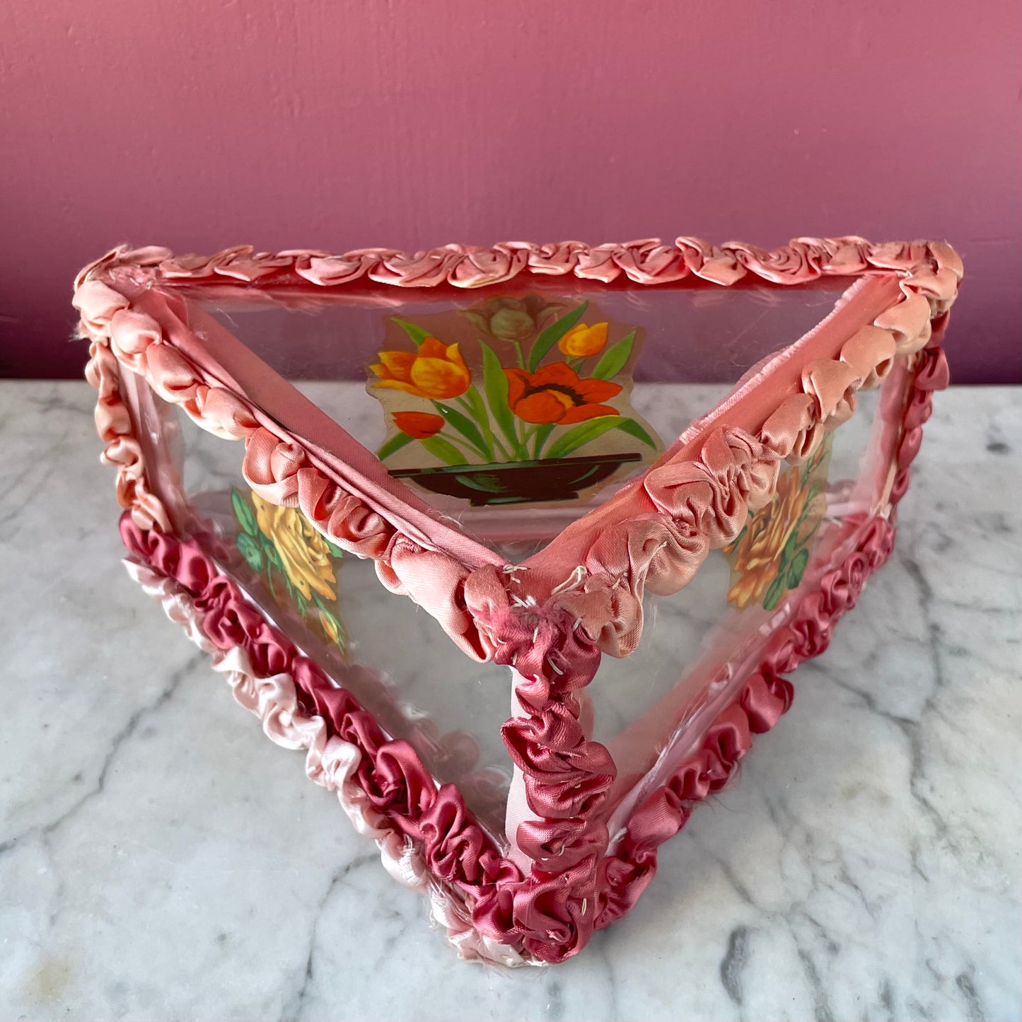 Antique Glass & Ribbonwork Handkerchief Box
