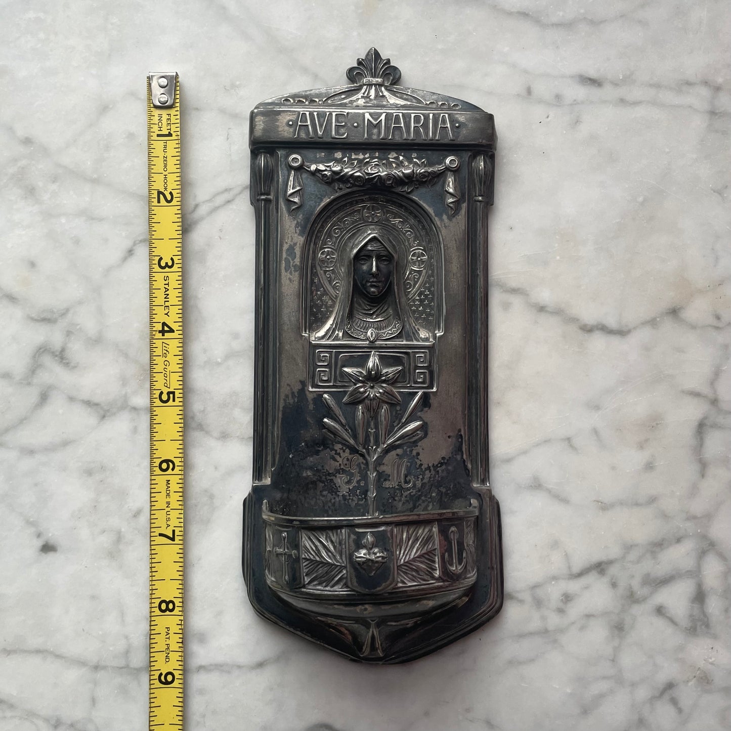 Antique Ave Maria Holy Water Font