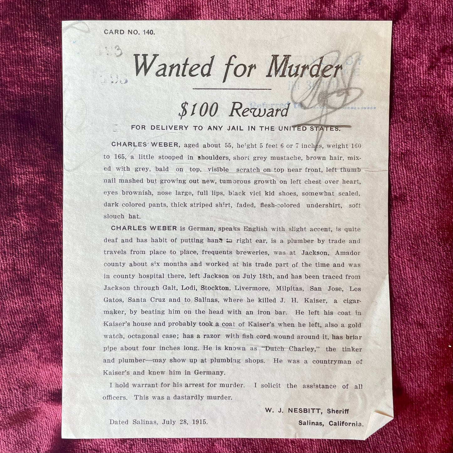 Wanted for Murder | Antique Wanted Poster | 1915