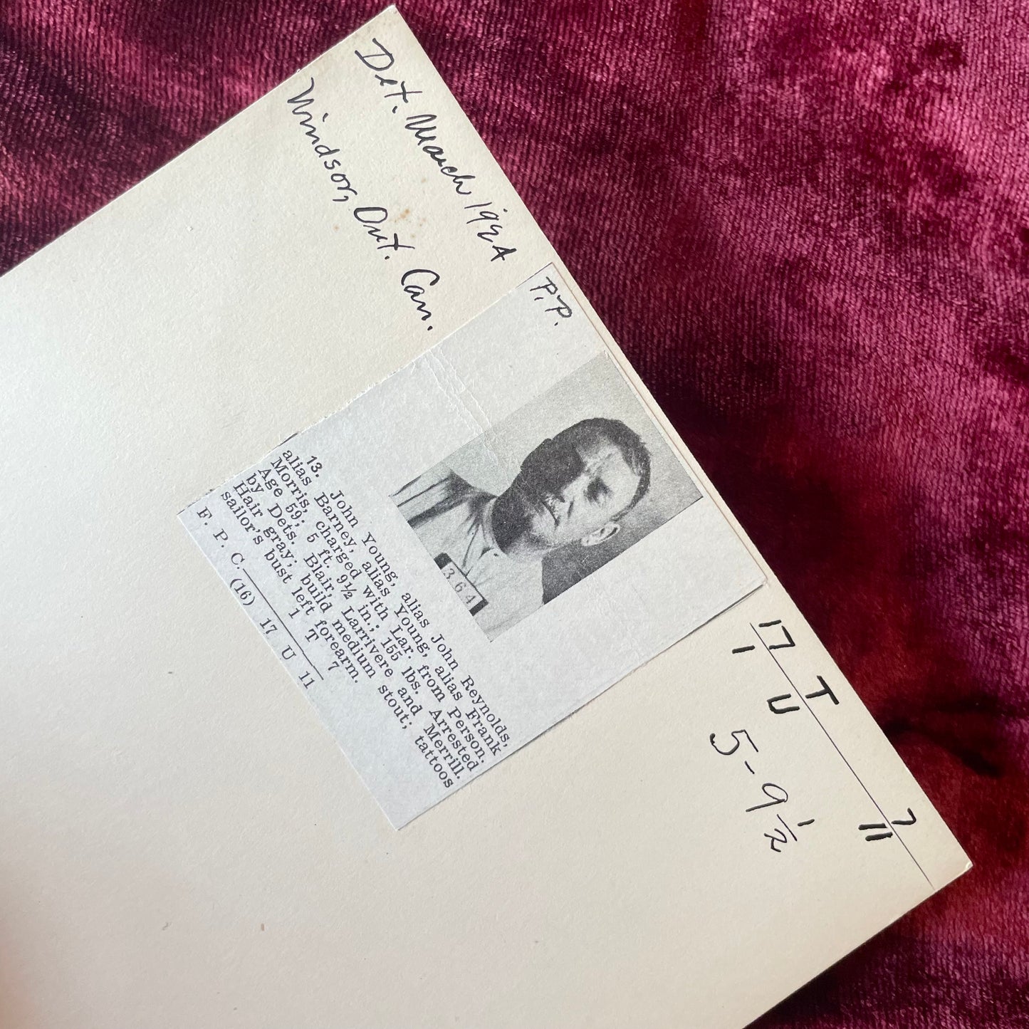 Antique Mugshot Card | Bertilon Card | 1925