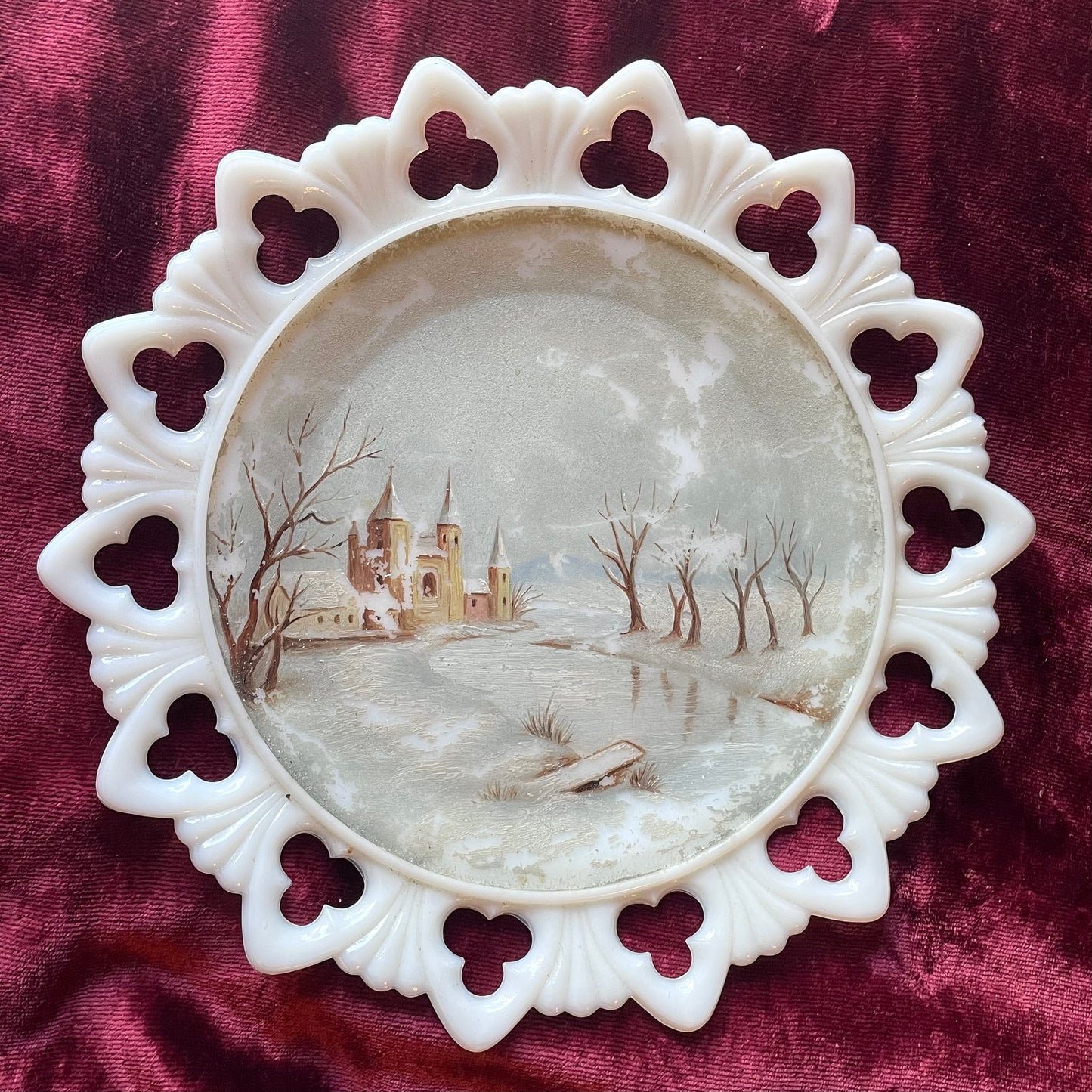 Winter Scene | Victorian Painted Milk Glass Plate