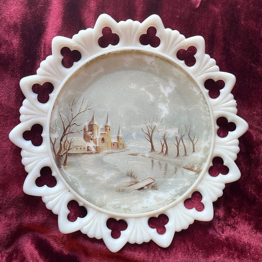 Winter Scene | Victorian Painted Milk Glass Plate