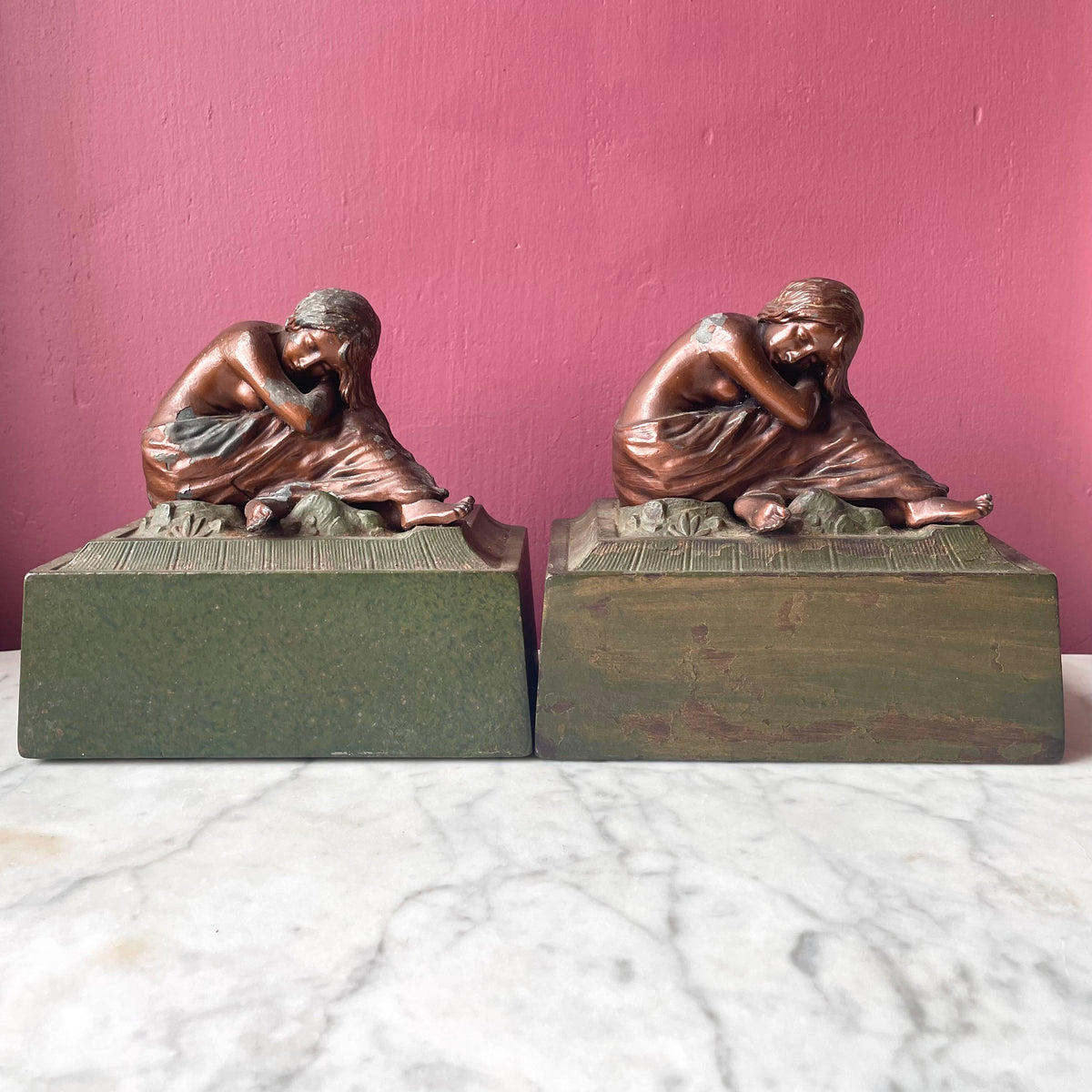 Grieving Girl Antique Art Nouveau Bookends