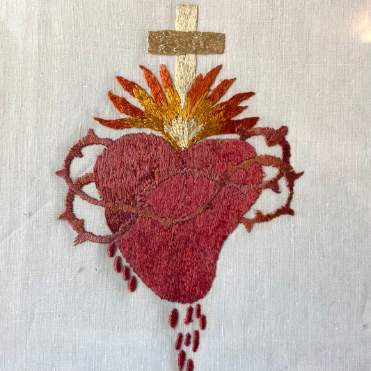 Antique Sacred Heart Embroidery | 14”