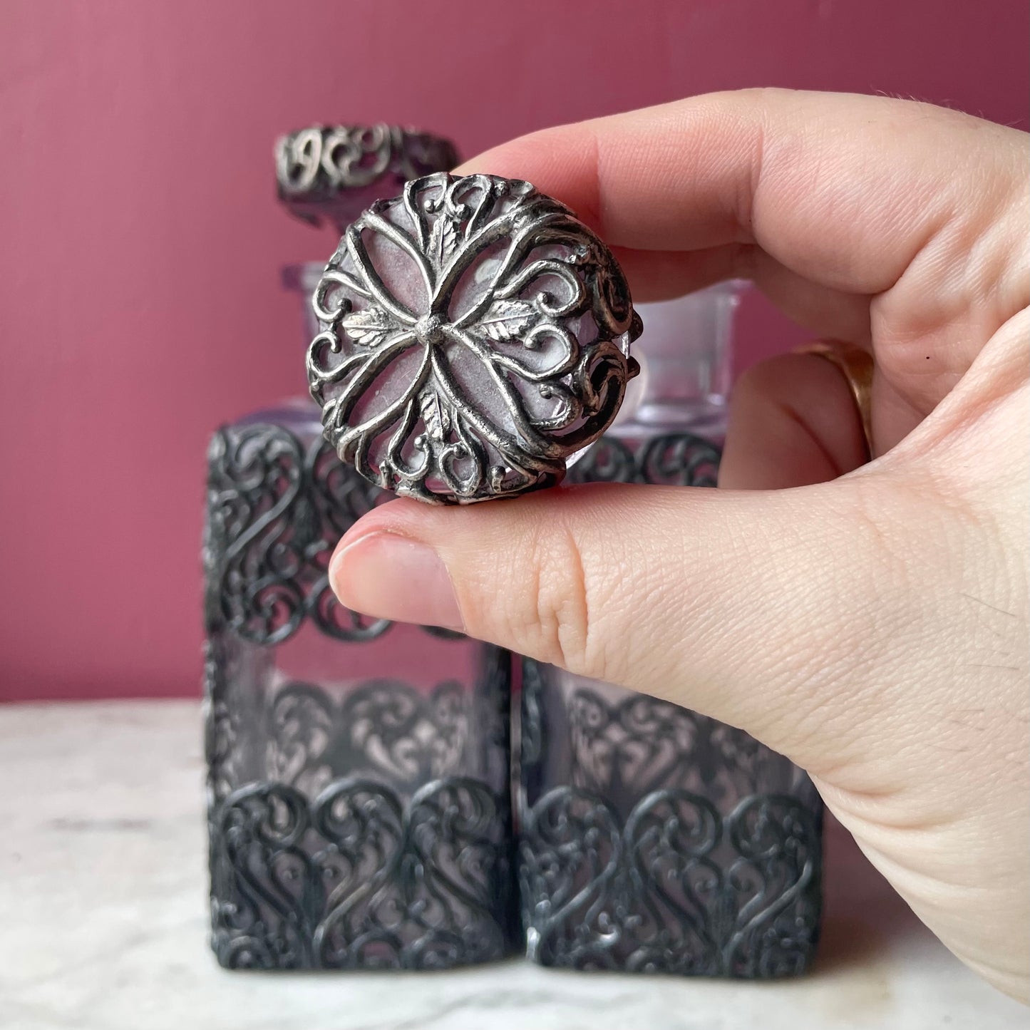 Antique Perfume Bottles with Metal Filigree