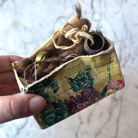 Early 19th C Wallpaper Box with Locks of Hair | 1825
