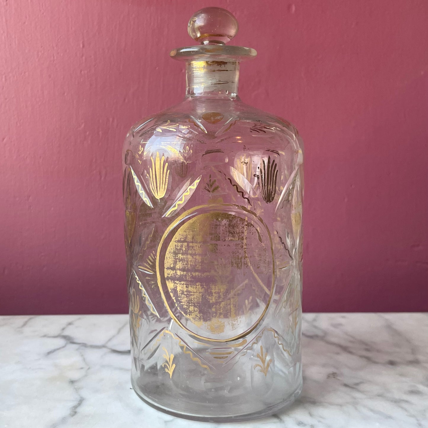 Antique French Handblown Glass Cologne Bottle with Gilded Hearts