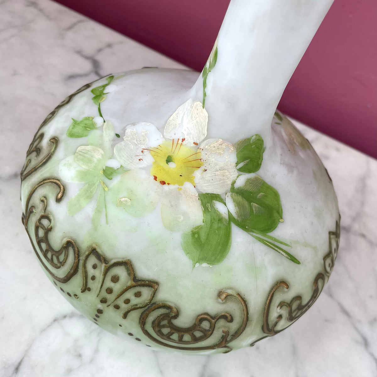 Antique Hand Painted Milk Glass Decanter