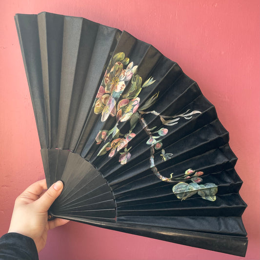 Victorian Hand Painted Black Silk Fan